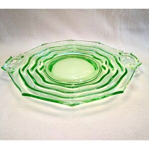 Green Uranium Glass Ocean Wave Handled Cake Plate (may be Jenkins) 11.75"